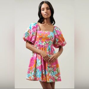 Sugarlips, Tropical Twist Marion Puff Sleeve Babydoll Mini Dress, Size Large